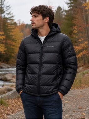 Eddie Bauer EB650 Men’s Medium Black Hooded Down Puffer Jacket